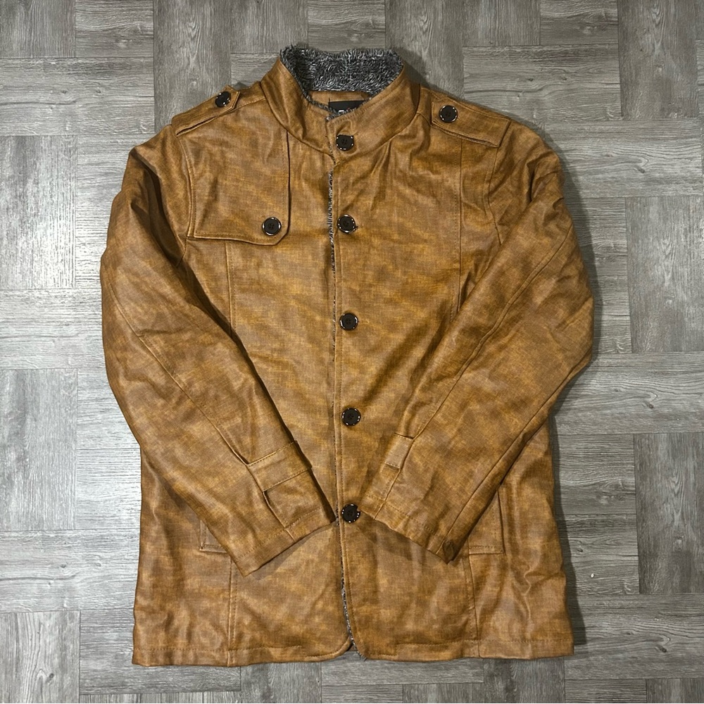 KP Fashion Man Faux Fur-Lined Jacket Faux Leather Size Large